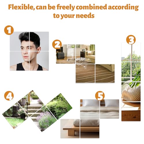 Cobee Unbreakable Acrylic Mirror 8x8inch 4 Pcs Flexible Mirror Tiles for Kid Room Home Door