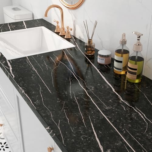 FunStick Waterproof Self Adhesive Marble Wallpaper for Bathroom and Kitchen Countertops White Black Marble Peel and Stic