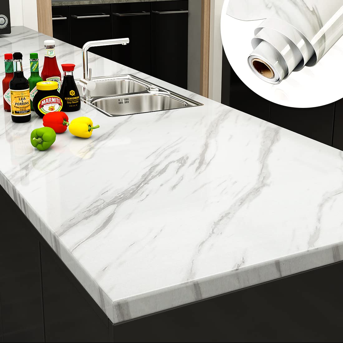 YENHOME Waterproof Self Adhesive Marble Peel and Stick Wallpaper for Countertops Kitchen Bathroom Cabinet Glossy Vinyl C