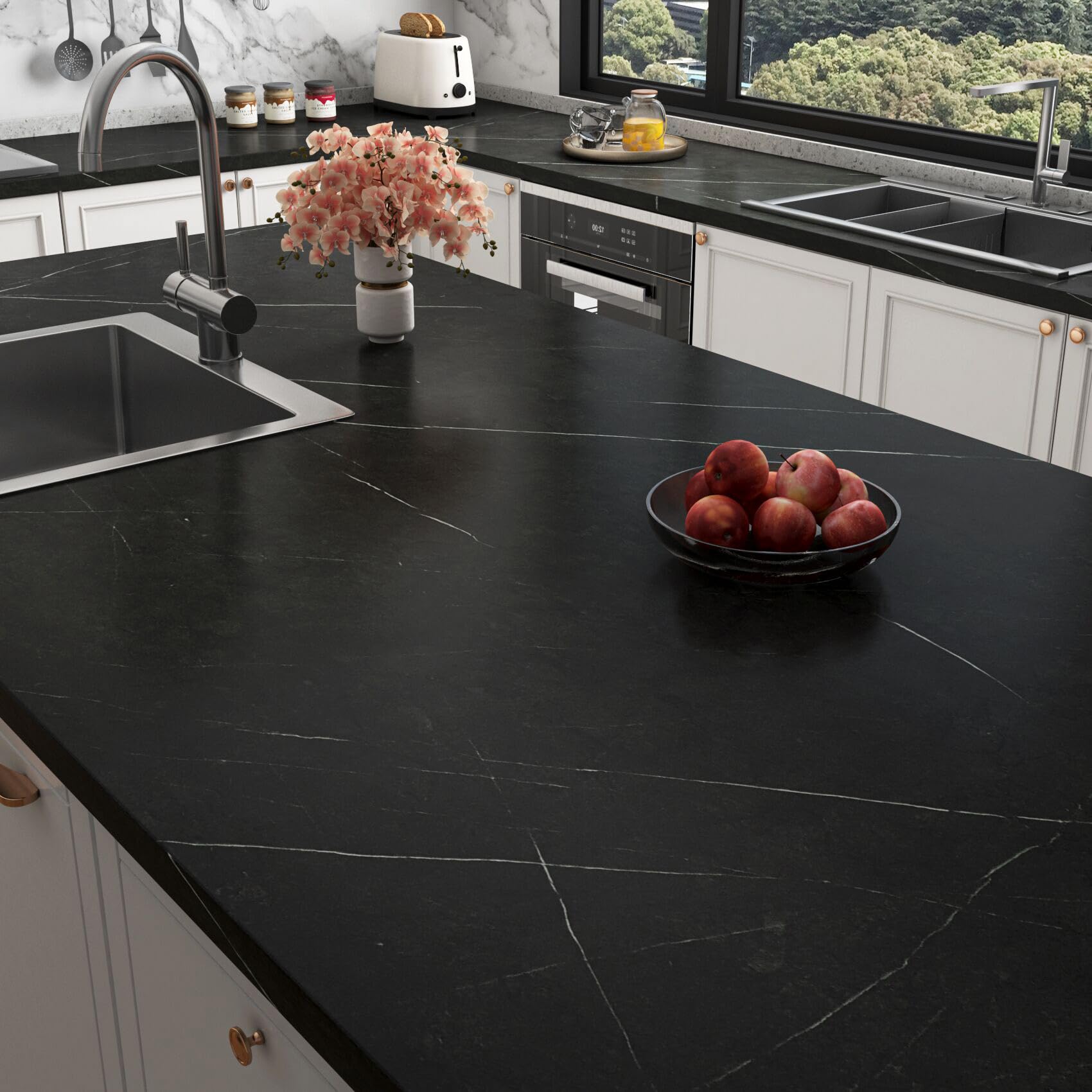 Pietra Black Marble Contact Paper for Cabinets and Drawers Waterproof Peel and Stick Marble Countertops 12x160