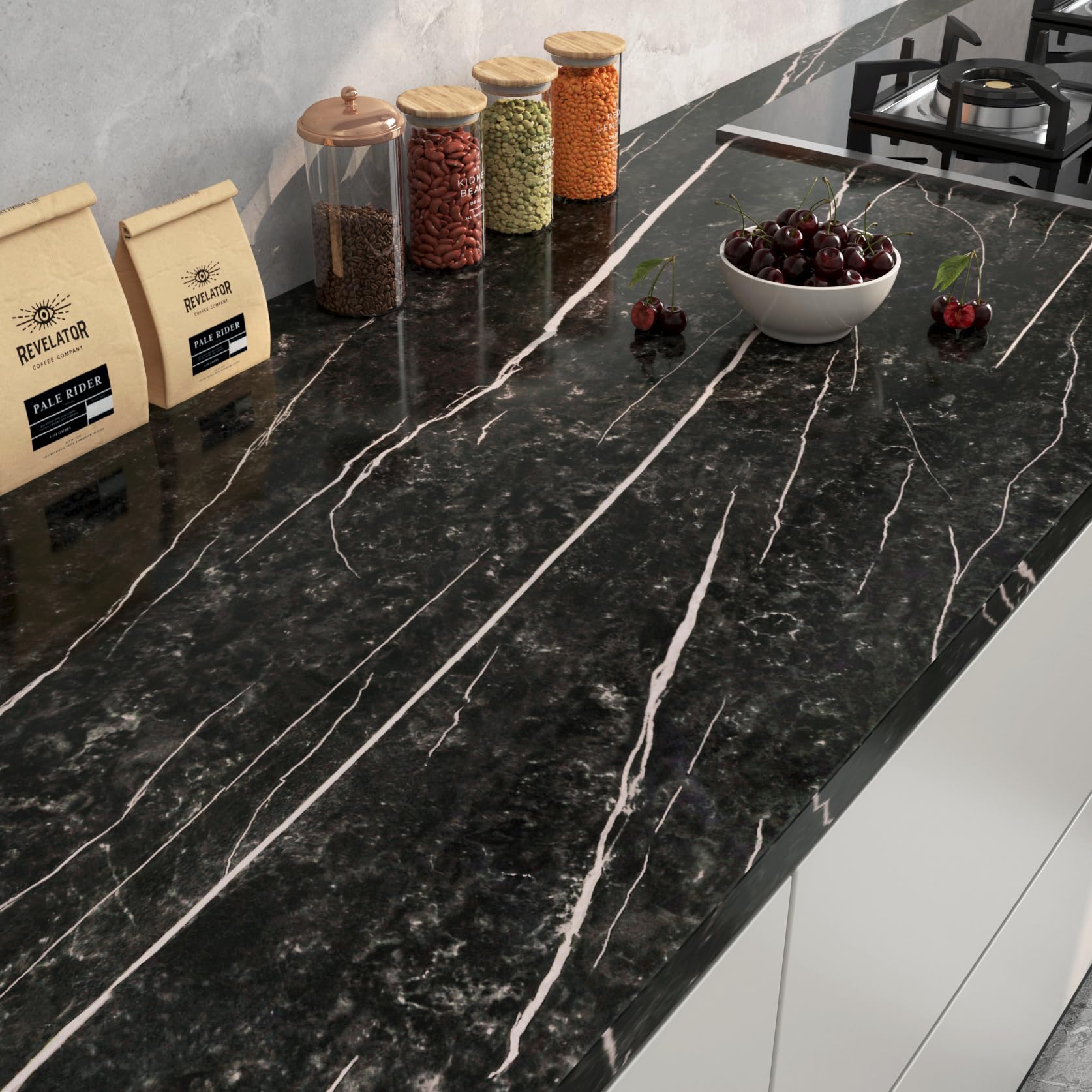 FunStick Waterproof Self Adhesive Marble Wallpaper for Bathroom and Kitchen Countertops White Black Marble Peel and Stic